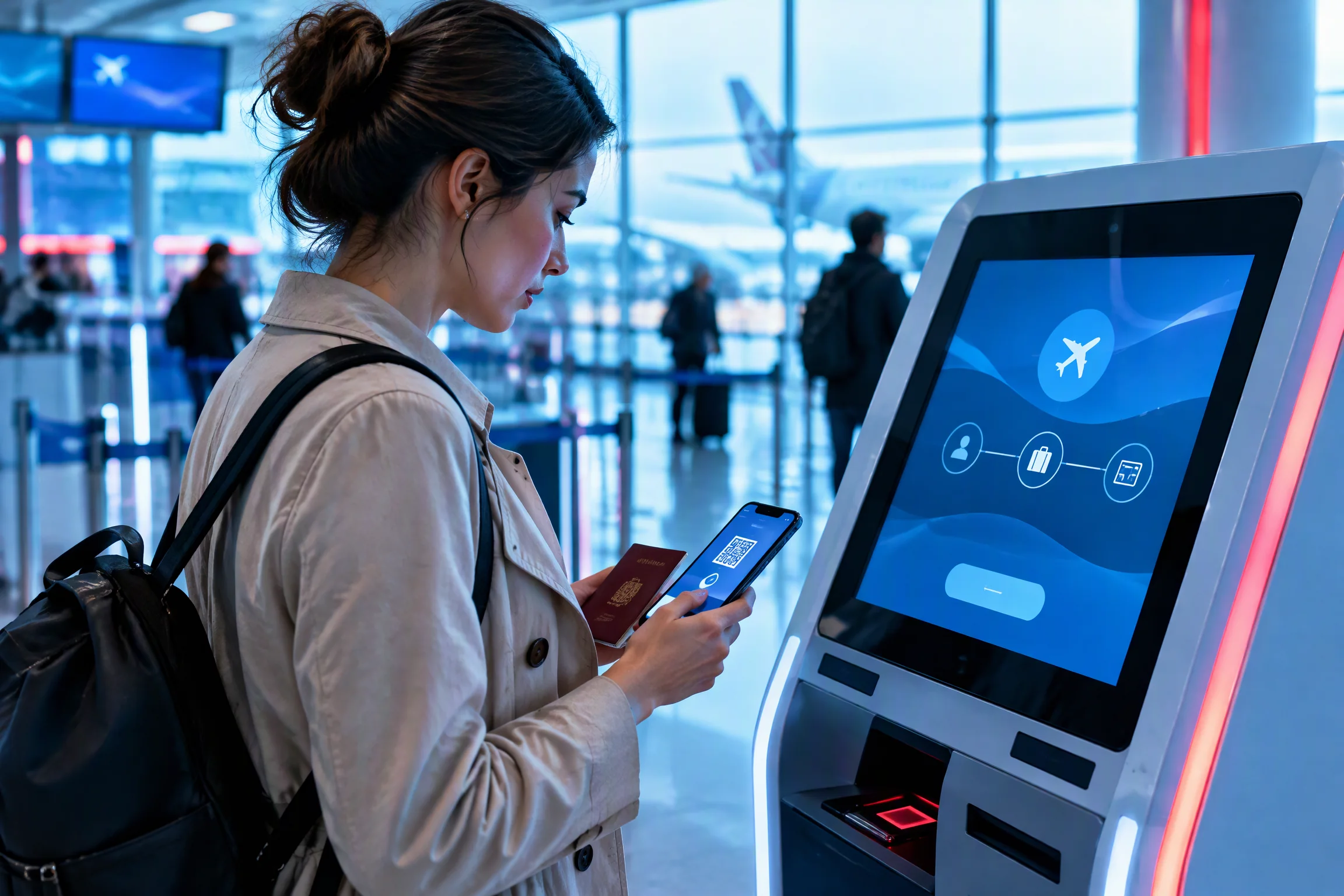 Kiosk check-in và giấy tờ hành khách tại nhà ga