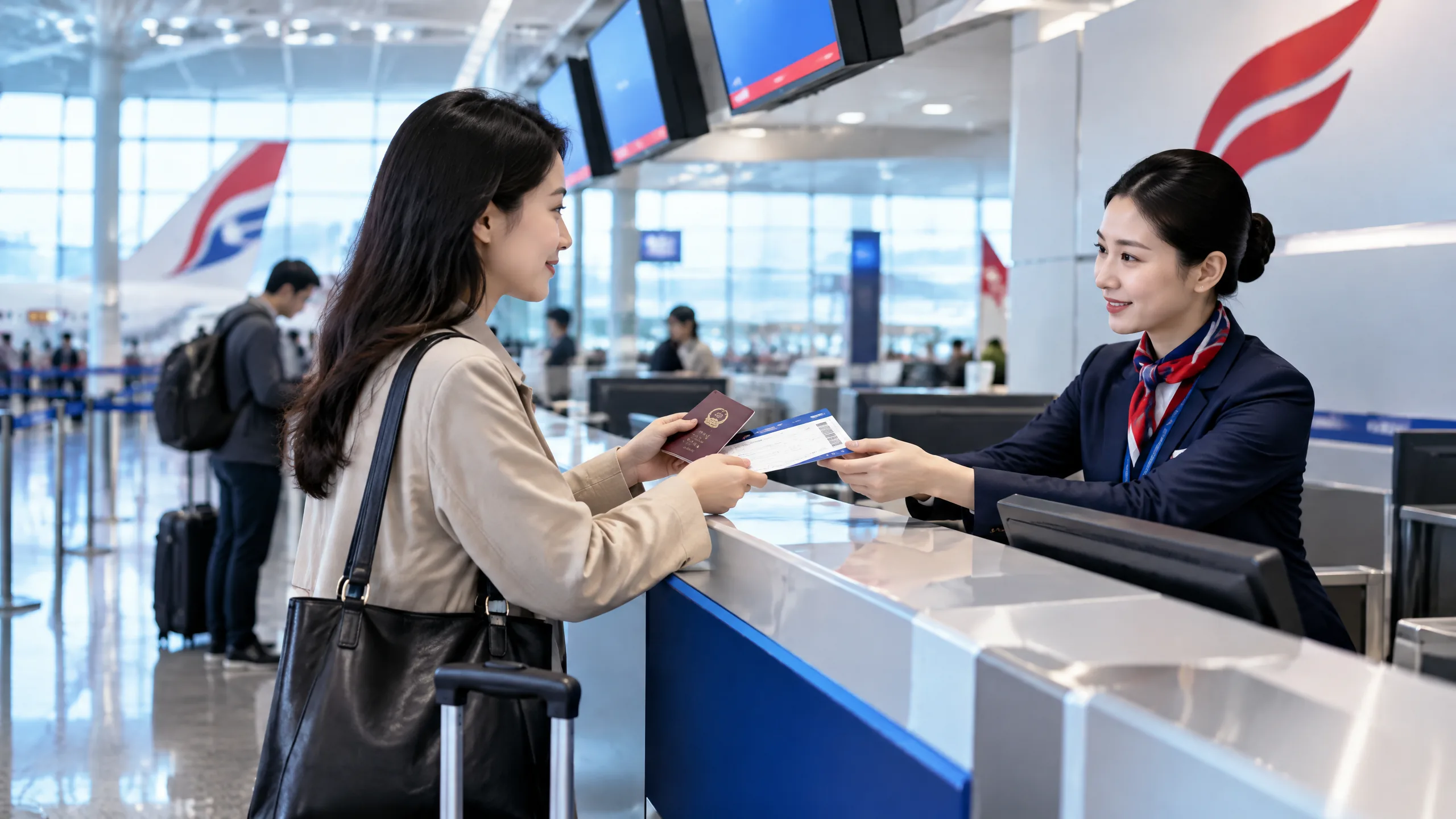Hành khách xuất trình hộ chiếu và booking tại quầy check-in Air China
