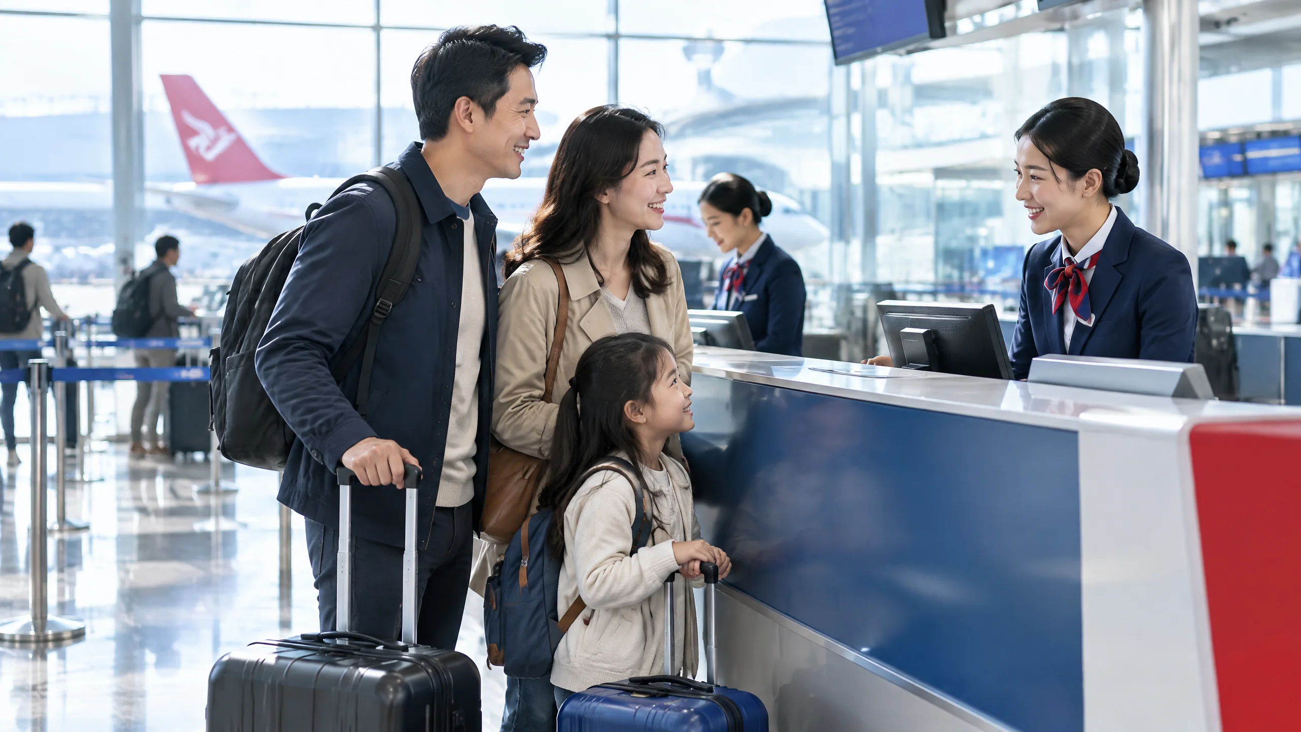 Gia đình chuẩn bị check-in Air China tại sân bay