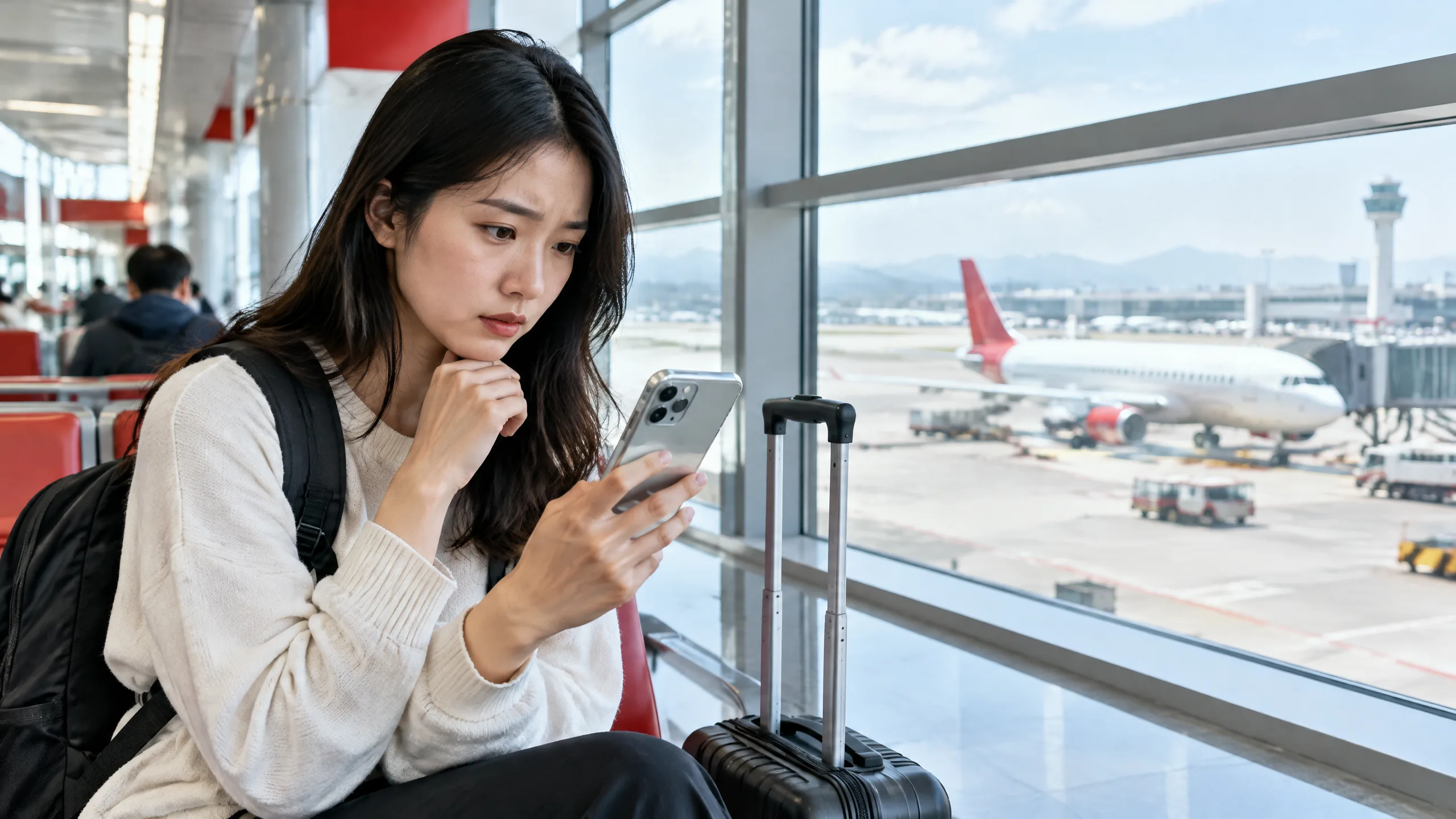 Hành khách kiểm tra thông báo đổi giờ chuyến bay Air China trên điện thoại tại sân bay