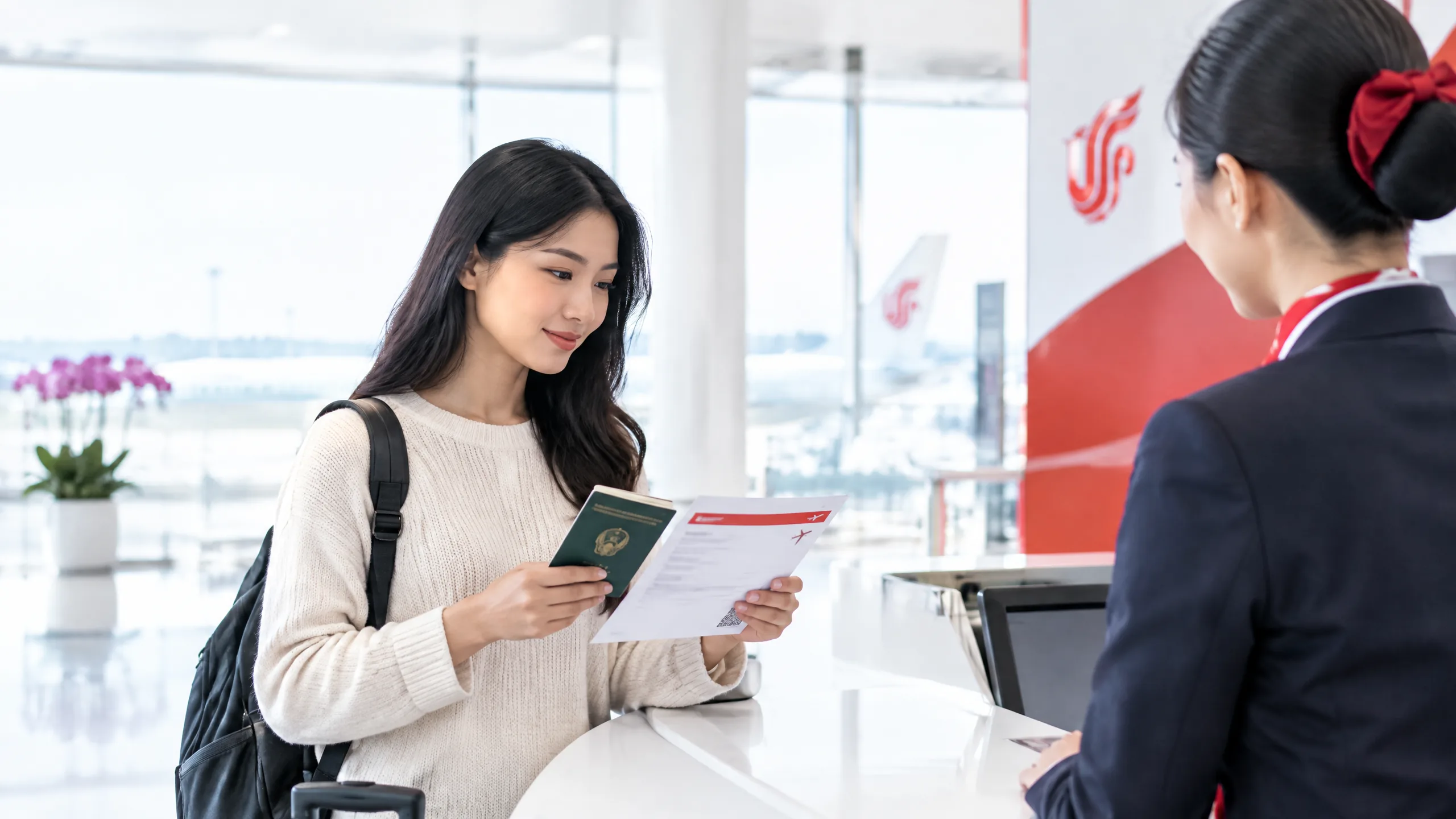 Hành khách đối chiếu hộ chiếu và vé Air China tại quầy hỗ trợ