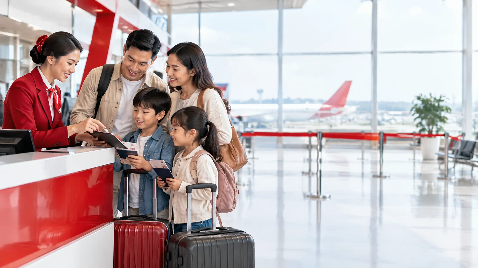 Nhóm hành khách cùng kiểm tra booking Air China tại quầy sân bay