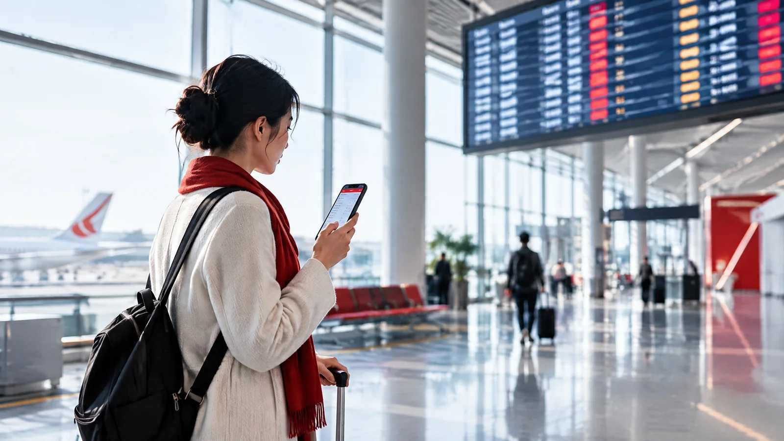 Hành khách Air China kiểm tra giờ khởi hành tại nhà ga sân bay