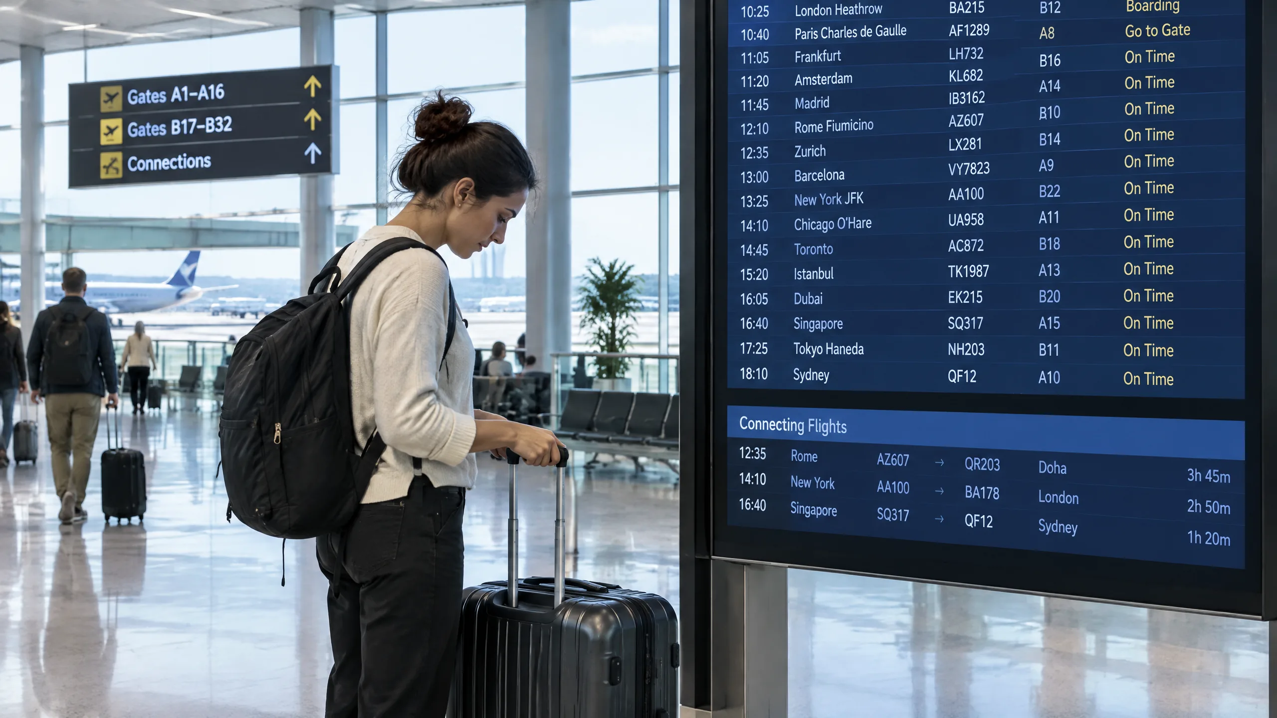 Hành khách kiểm tra vali và hành trình nối chuyến tại sân bay