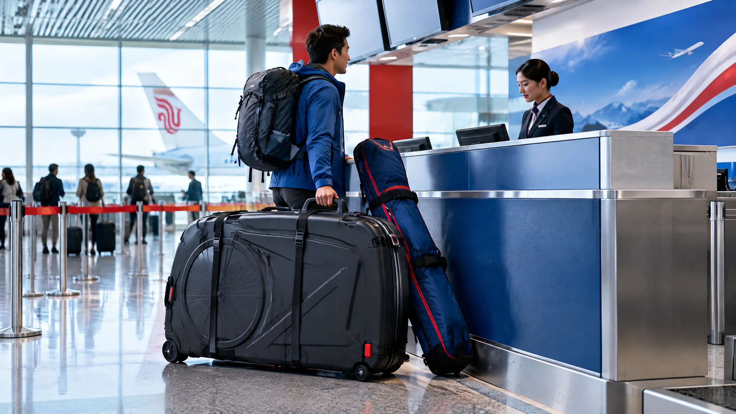 Hành khách làm thủ tục với bộ dụng cụ thể thao Air China