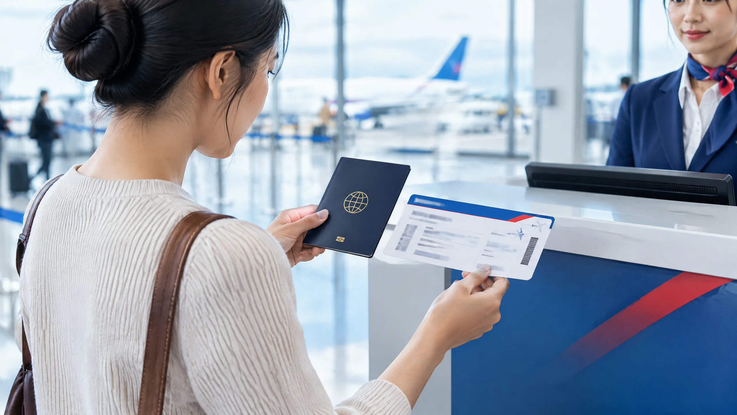 Hành khách đối chiếu hộ chiếu và vé Air China tại quầy sân bay
