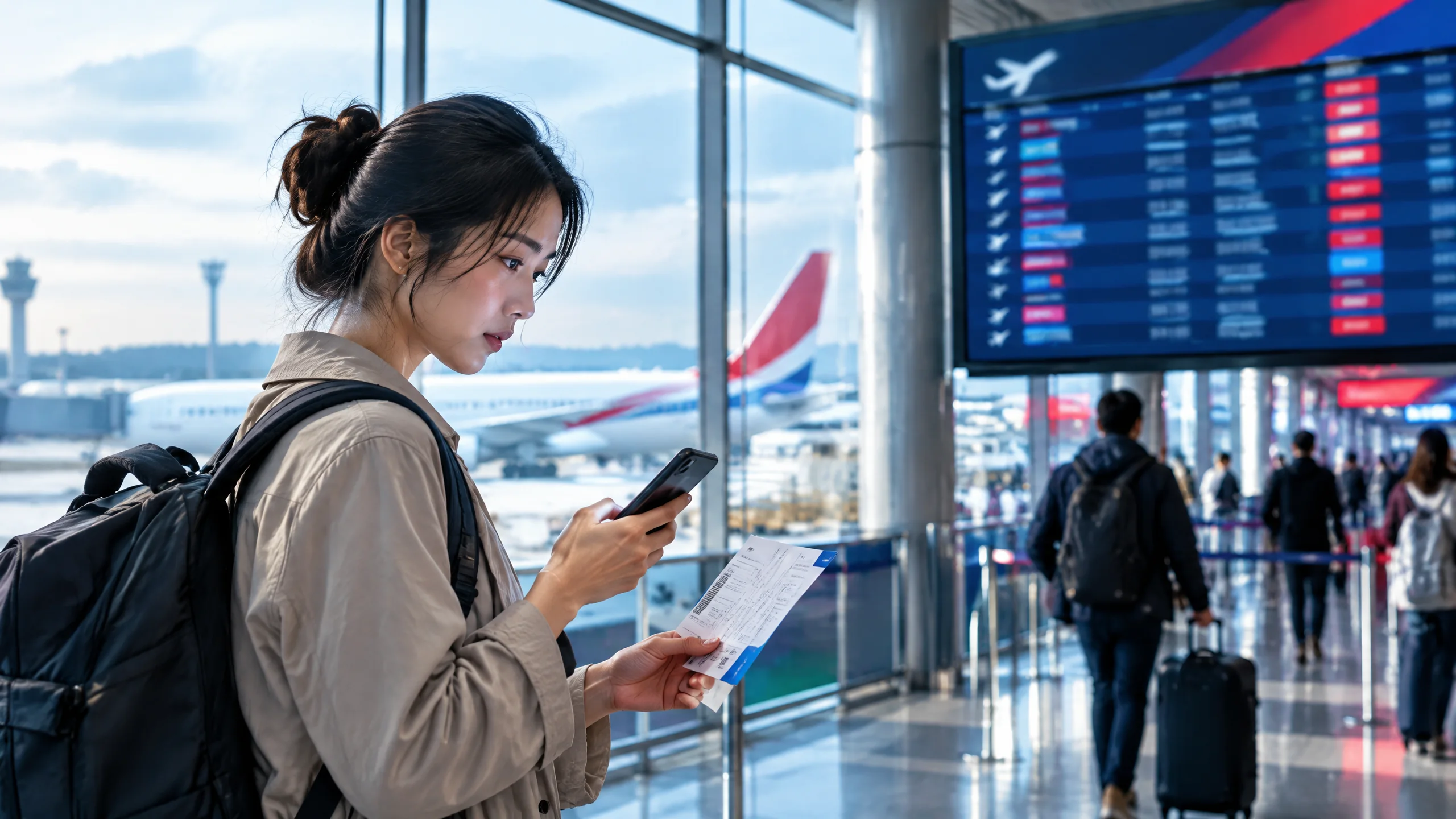 Hành khách kiểm tra thẻ lên máy bay khi cần đổi chuyến Air China cùng ngày